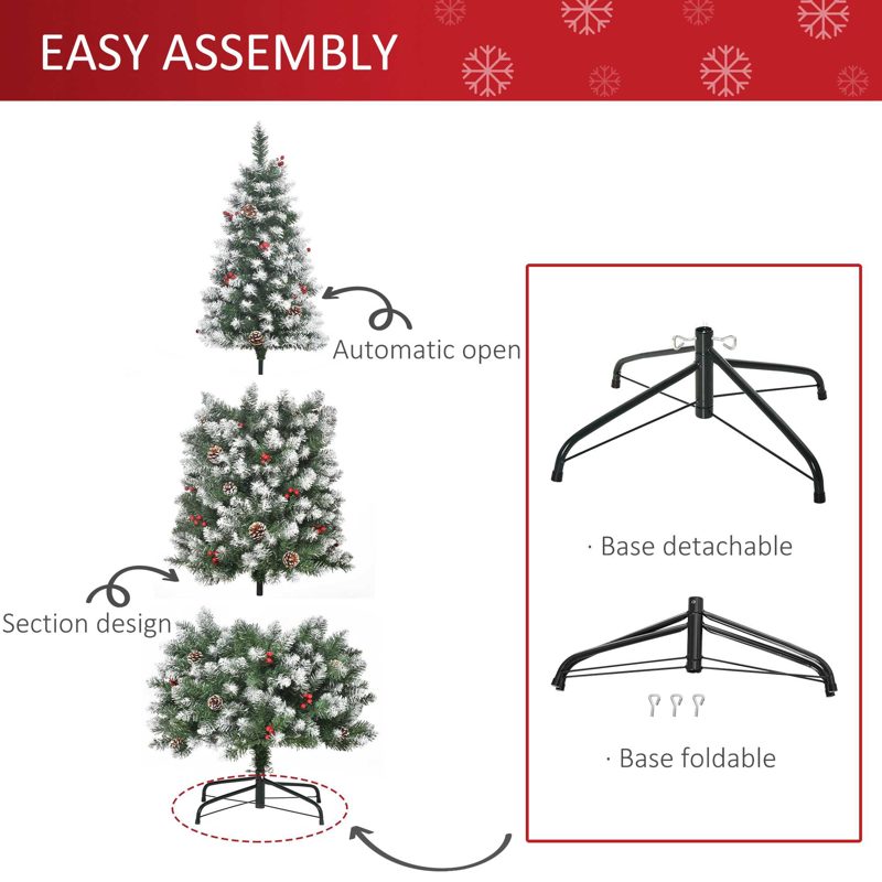 HOMCOM 6FT Artificial Christmas Tree Xmas Pencil Tree with Red Berries and Pinecones Holiday Home Indoor Decoration with Foldable Feet, Green