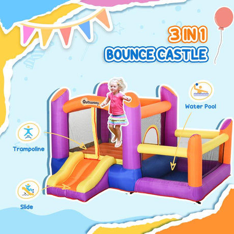 Outsunny Kids Bouncy Castle House Inflatable Trampoline Slide Water Pool 3 in 1 with Blower for Kids Age 3-8 Multi-color 2.8 x 2.5 x 1.7m