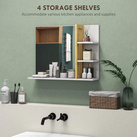 HOMCOM Bamboo Panel Bathroom Mirror, with Shelves - White
