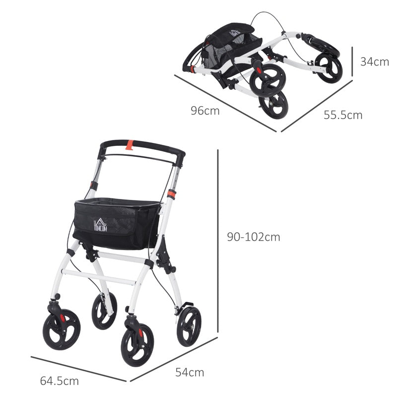 HOMCOM Folding Upright Rollator Walker with Lightweight Walking Frame, Storage Bag, Tray, Dual Brakes, Adjustable Handle Height, Mobility Aid Rolling 4 Wheeled Walker for Seniors, White