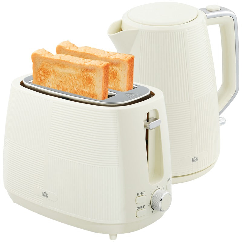 HOMCOM Kettle and Toaster Set, 1.7L 3000W Fast Boil Kettle & 2 Slice Toaster Kitchen Set with 7 Level Browning Controls, Defrost, Reheat, Boil-dry Protection, Cream White