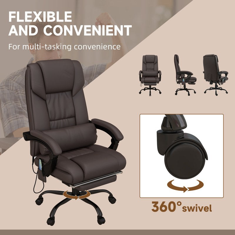 Vinsetto 6-Point Massage Office Chair, PU Leather Desk Chair with Adjustable Height and Footrest for Home Office, Brown