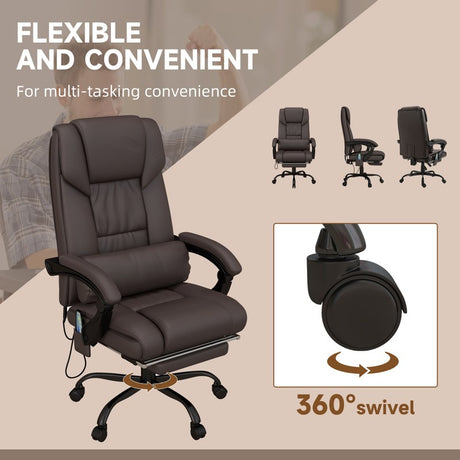 Vinsetto 6-Point Massage Office Chair, PU Leather Desk Chair with Adjustable Height and Footrest for Home Office, Brown