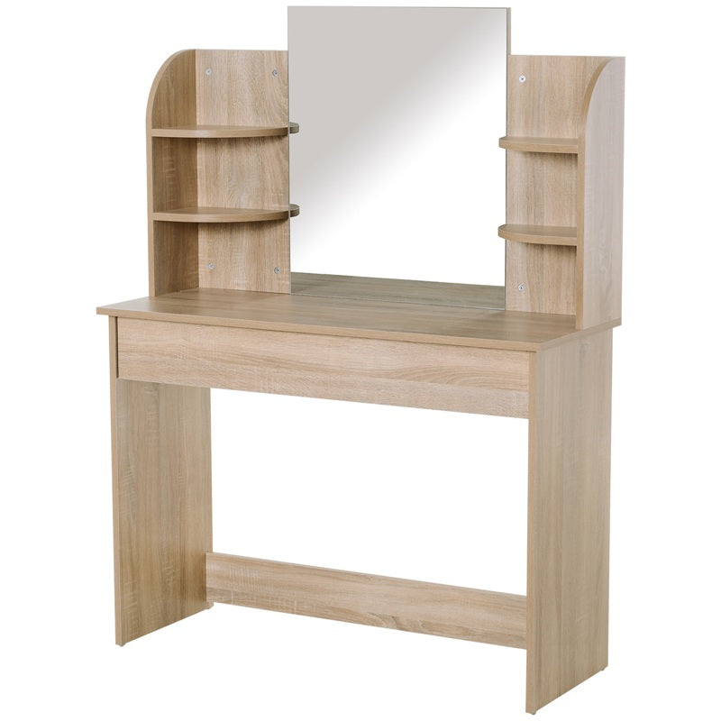 HOMCOM Modern Dressing Table Writing Desk W/ Mirror, Big Drawers, 2-Tier Open Shelf For Home Bedroom Natural