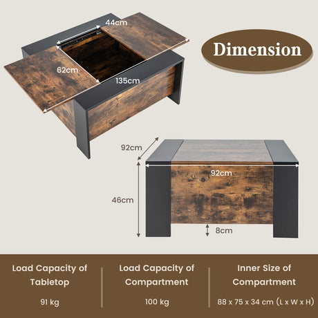 36.5 Inch Coffee Table with Sliding Top and Hidden Compartment-Walnut