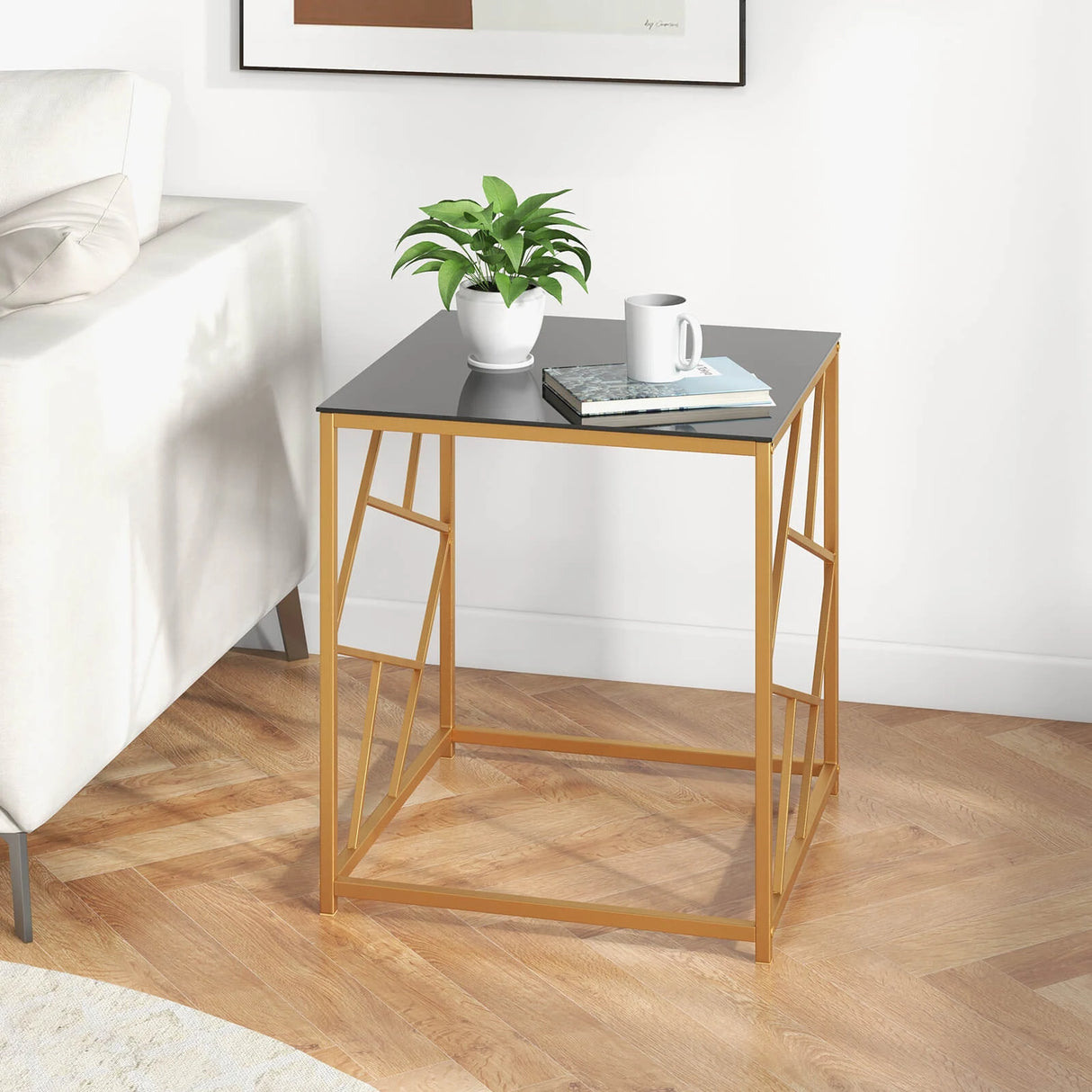 Square End Table with Tempered Glass and Gold Finish Geometric Frame-Black