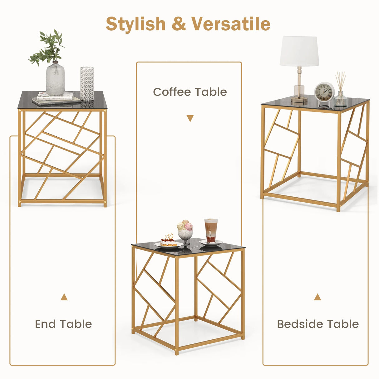 Square End Table with Tempered Glass and Gold Finish Geometric Frame-Black