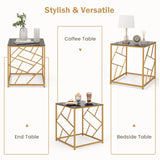 Square End Table with Tempered Glass and Gold Finish Geometric Frame-Black