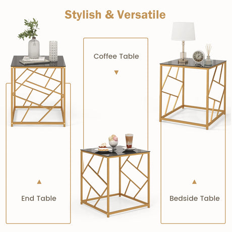 Square End Table with Tempered Glass and Gold Finish Geometric Frame-Black