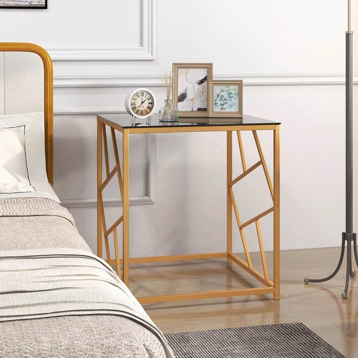 Square End Table with Tempered Glass and Gold Finish Geometric Frame-Black