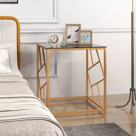 Square End Table with Tempered Glass and Gold Finish Geometric Frame-Black