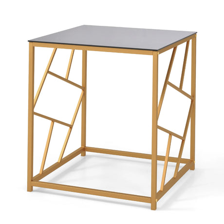 Square End Table with Tempered Glass and Gold Finish Geometric Frame-Black