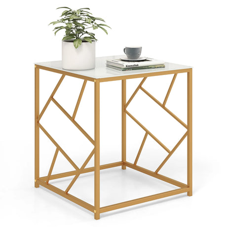 Square End Table with Tempered Glass Tabletop and Gold Finish Geometric Frame-Golden