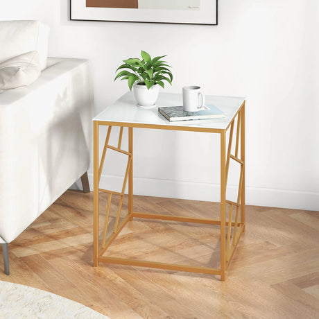 Square End Table with Tempered Glass Tabletop and Gold Finish Geometric Frame-Golden