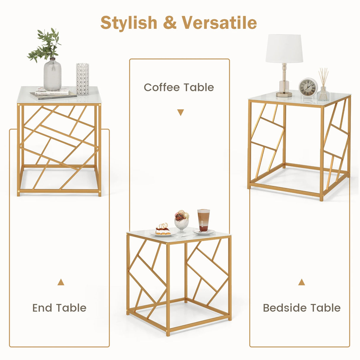 Square End Table with Tempered Glass Tabletop and Gold Finish Geometric Frame-Golden