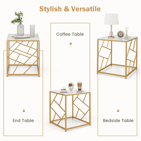 Square End Table with Tempered Glass Tabletop and Gold Finish Geometric Frame-Golden