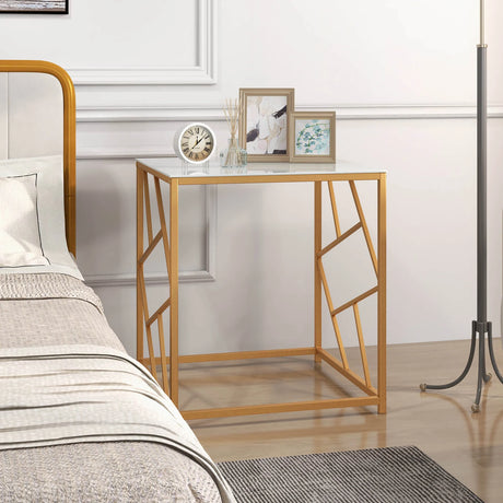 Square End Table with Tempered Glass Tabletop and Gold Finish Geometric Frame-Golden