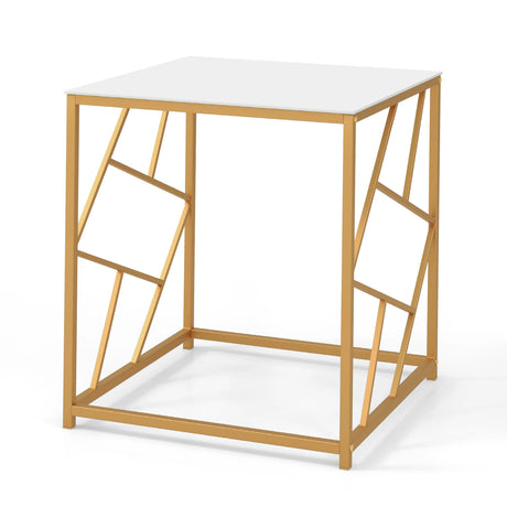 Square End Table with Tempered Glass Tabletop and Gold Finish Geometric Frame-Golden