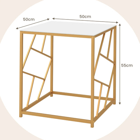 Square End Table with Tempered Glass Tabletop and Gold Finish Geometric Frame-Golden