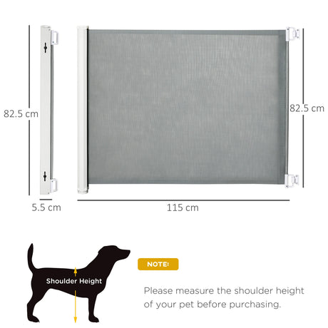 PawHut Retractable Stair Gate for Dogs, Pet Mesh Safety Gate Extends up to 115cm for Doorways Indoor- Grey