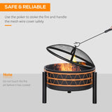 Outsunny 61cm Outdoor Fire Pit, Metal Round Firepit Bowl, Charcoal Log Wood Burner with Screen Cover, Poker for Patio, Black