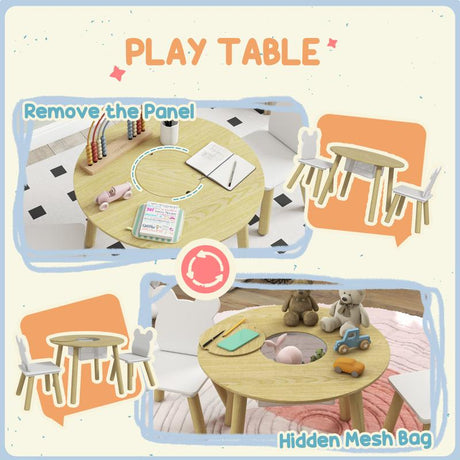 AIYAPLAY 3-Piece Kids Activity Table Set with Centre Mesh Bag, Bear-Shaped Backrest, for Arts and Crafts, Reading, Dining