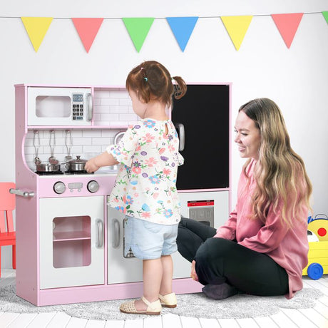 AIYAPLAY Pretend Play Kitchen, Kids Kitchen Playset w/ Toy Phone, Chalkboard, Microwave, Cooking Stove, Sink