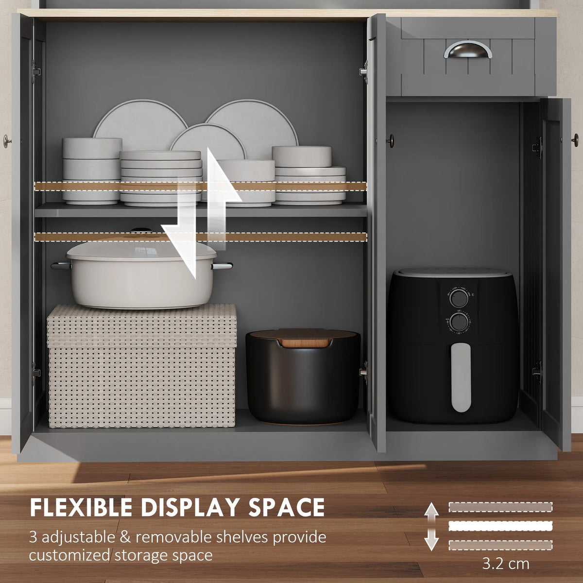 HOMCOM 180cm Freestanding Kitchen Cabinet, Modern Storage Cupboard with Open Countertop, Drawer and 6 Doors, Grey