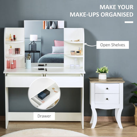 HOMCOM Modern Dressing Table Writing Desk W/ Mirror, Big Drawers, 2-Tier Open Shelf For Home Bedroom White