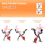 HOMCOM 2-in-1 Folding Exercise Bike with 8-Level Magnetic Resistance, Arm Resistance Band, Pulse Sensor, Red