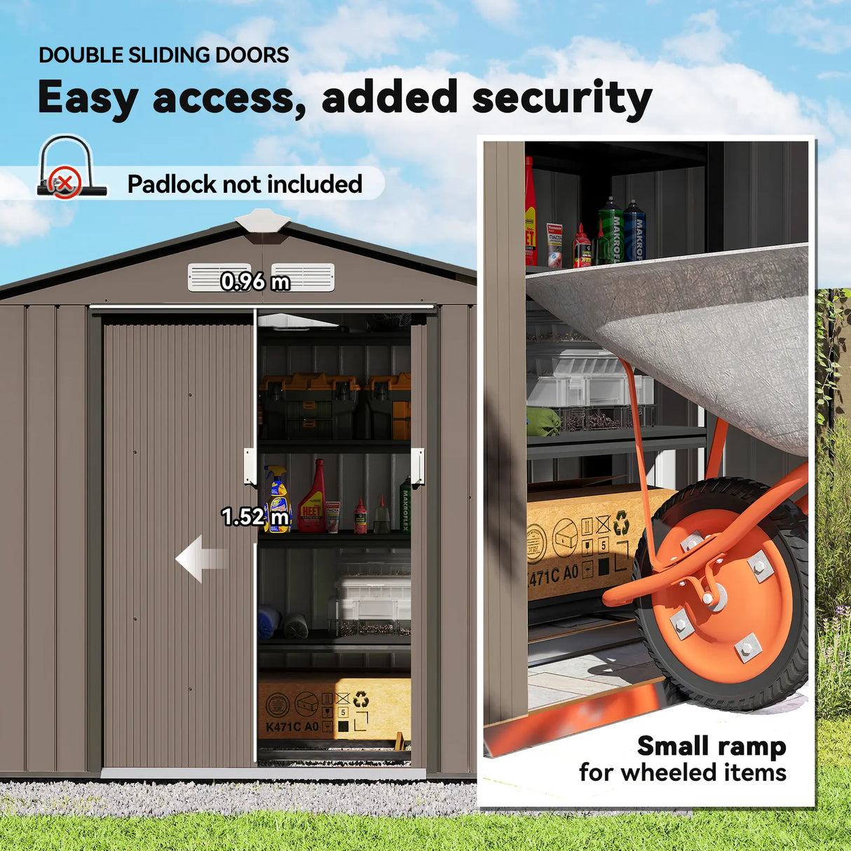 Outsunny 7 x 4ft Metal Garden Shed, Outdoor Storage Tool House with Ventilation Slots, Foundation Kit and Lockable Double Doors, Brown