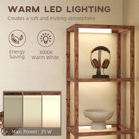 HOMCOM LED Floor Lamp with Glass Shelves, 4 Layers Dimmable Tall Standing Lamp, Modern Column Shelf Floor Light for Living Room, Bedroom, Office, Rustic Brown