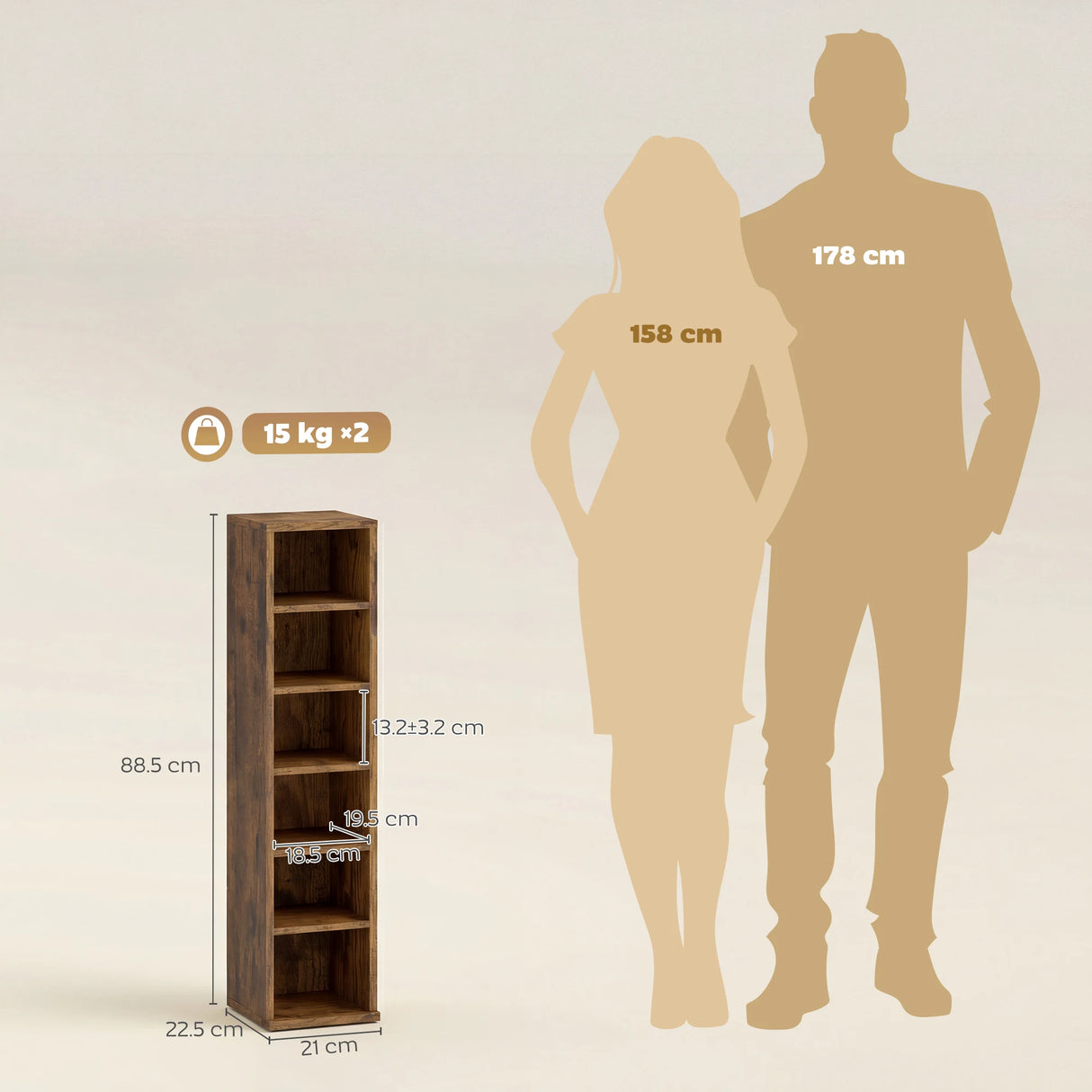 HOMCOM Set of 2 CD Media Display Shelf Unit Tower Rack with Adjustable Shelves, Rustic Brown