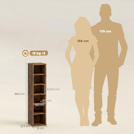 HOMCOM Set of 2 CD Media Display Shelf Unit Tower Rack with Adjustable Shelves, Rustic Brown