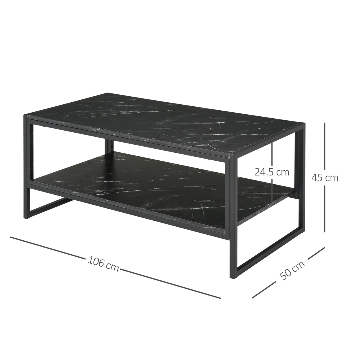 HOMCOM Coffee Table, Two-Tier Faux Marble Effect Centre Table with Metal Frame and Storage Shelf for Living Room, 106 x 50 x 45cm, Black