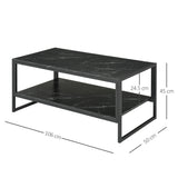 HOMCOM Coffee Table, Two-Tier Faux Marble Effect Centre Table with Metal Frame and Storage Shelf for Living Room, 106 x 50 x 45cm, Black
