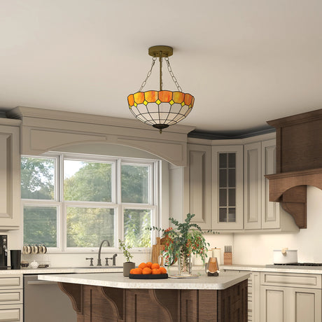 HOMCOM Tiffany Style Ceiling Light, Vintage Chandelier with 3 E27 Sockets, Semi Flush Mount for Living Room, Bulbs Not Included