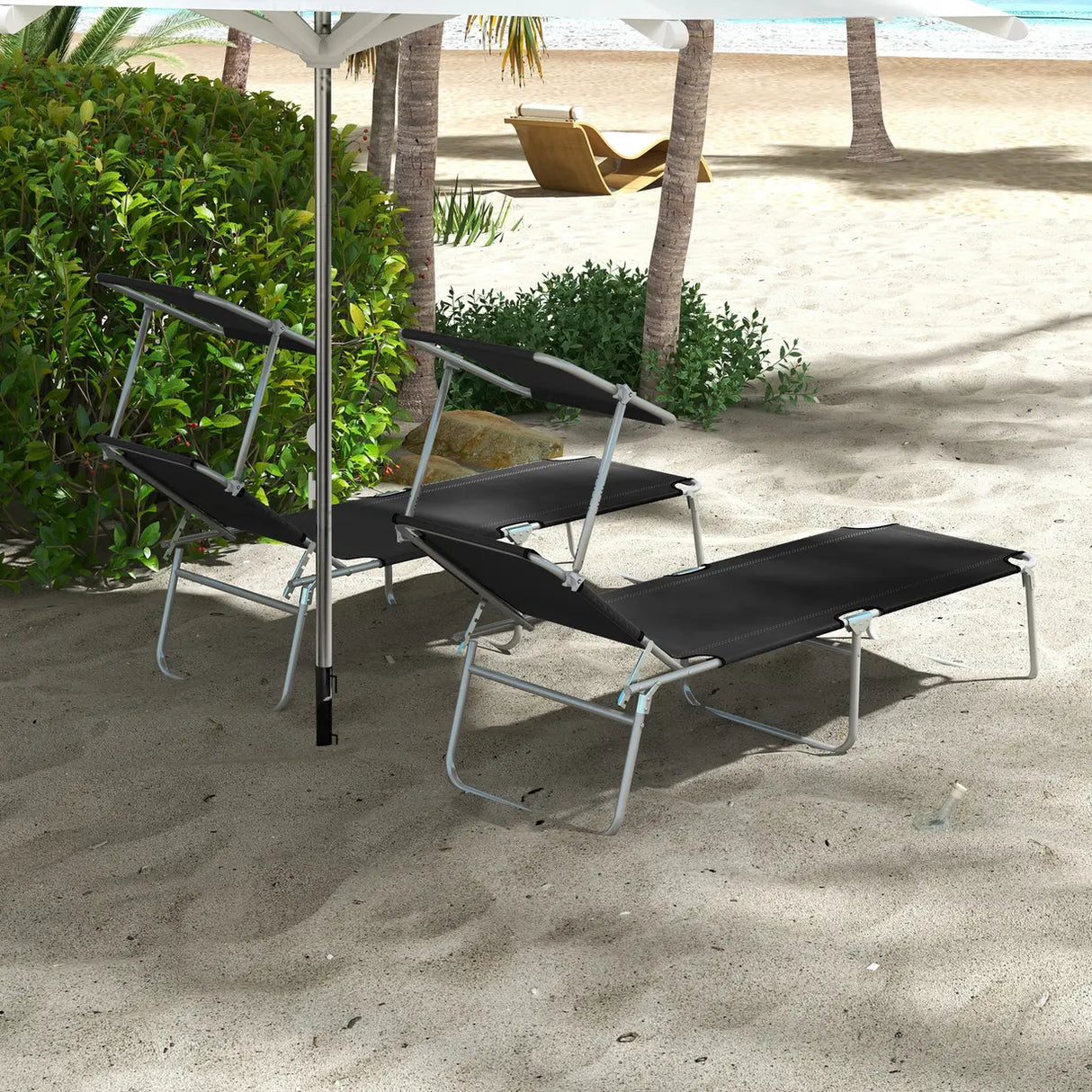 Outsunny Foldable Sun Lounger Set of 2 with Sun Shade & Adjustable Backrest - Black