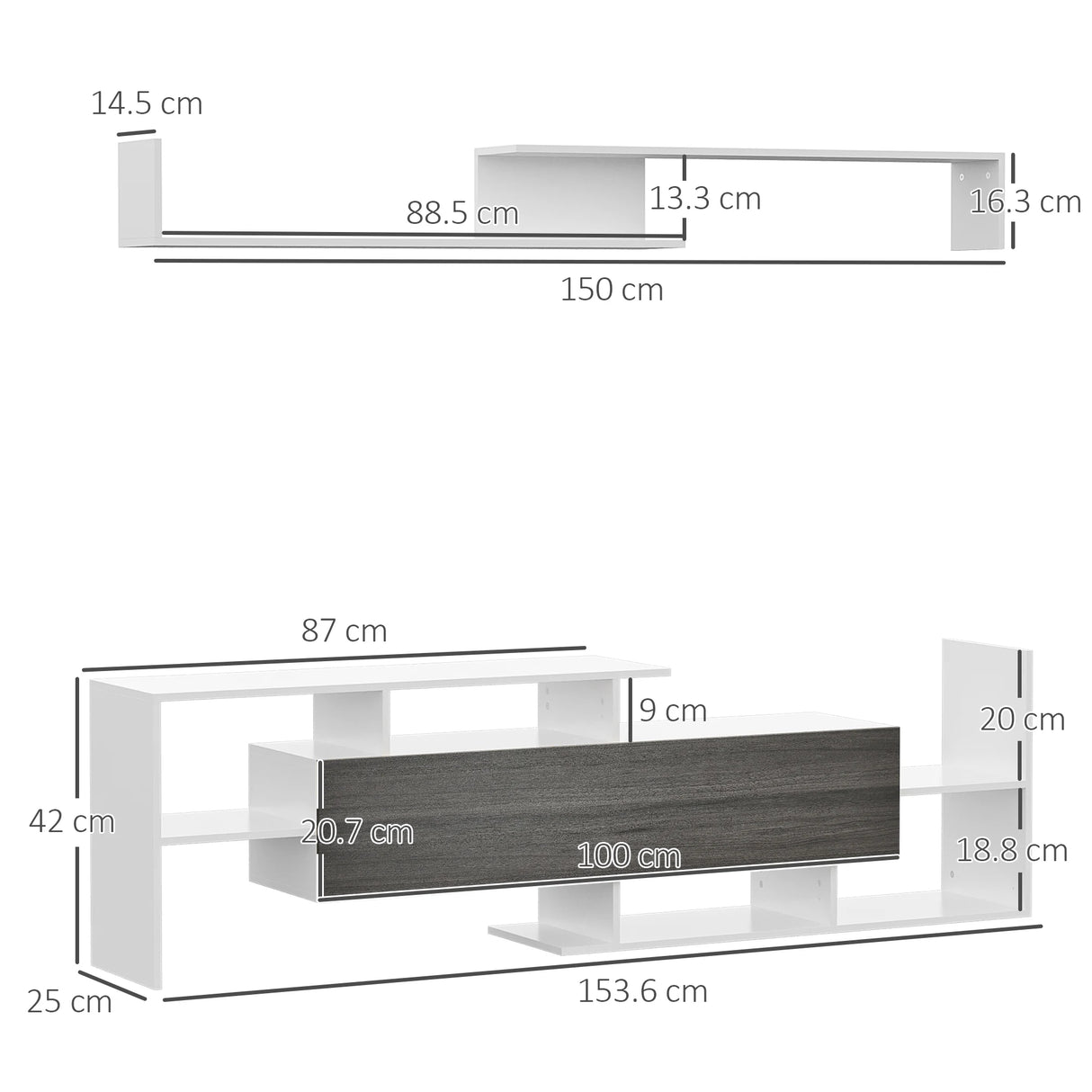 HOMCOM TV Cabinet with Wall Shelf for Wall-Mounted 65" TVs or Standing 40" TVs - White and Grey
