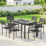 Outsunny Garden Dining Set for 6, Faux Wood Metal Outdoor Table and Stackable Chairs with Plastic Rattan Effect Seat, Black