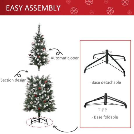 HOMCOM 5FT Artificial Christmas Tree Xmas Pencil Tree with Red Berries and Pinecones Holiday Home Indoor Decoration with Foldable Feet, Green