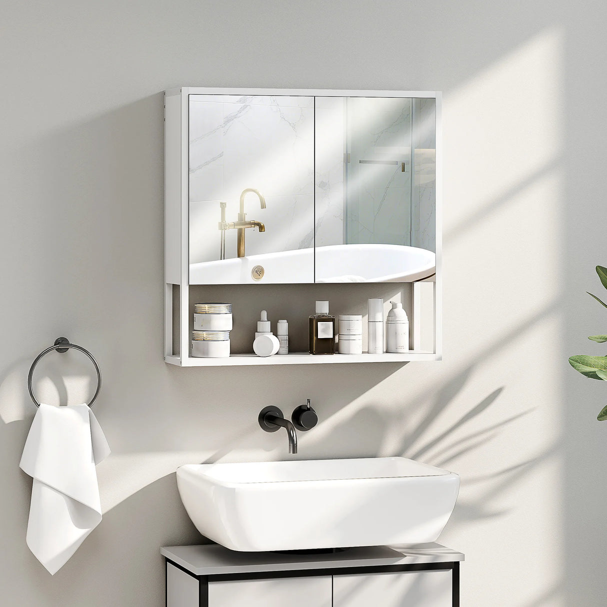 HOMCOM Bathroom Mirror Cabinet with Soft-Close Doors and Adjustable Shelf - White