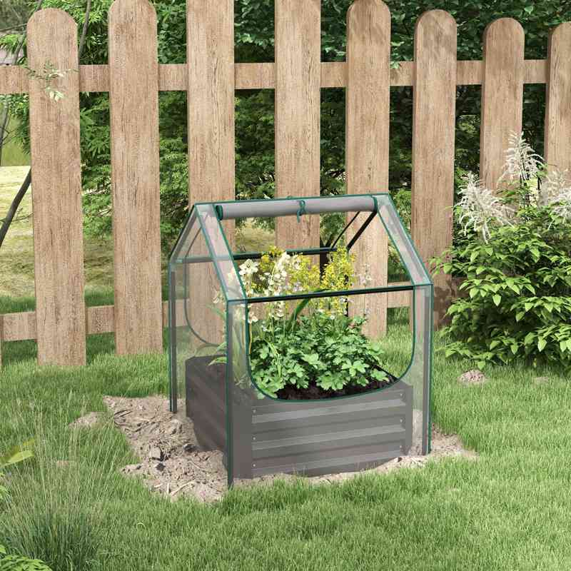 Outsunny Metal Planter Box with Cover, Raised Garden Bed with Greenhouse, for Herbs and Vegetables, Clear and Dark Grey