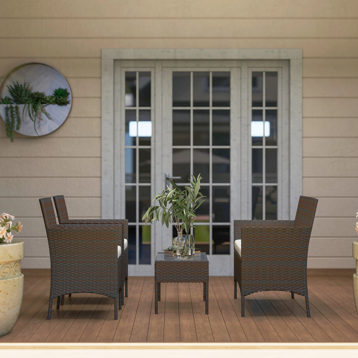 Outsunny 4 Piece Rattan Garden Furniture Sofa Set with Loveseat, Armchairs, Glass-Top Coffee Table and Cushions, Brown