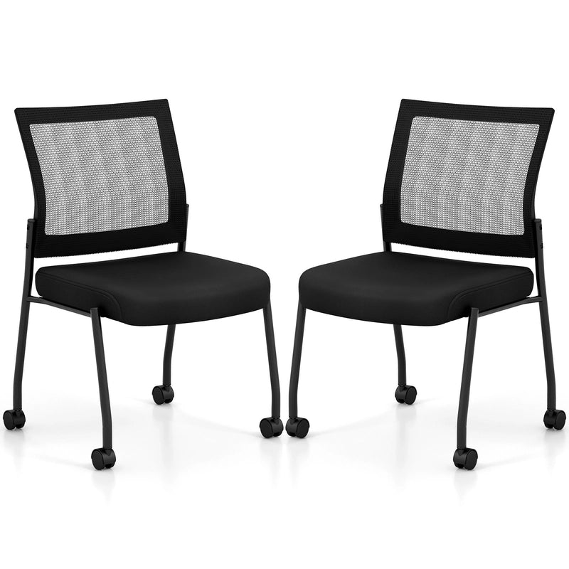 Stackable Armless Waiting Room Guest Chair with Wheels Set of 2-Black