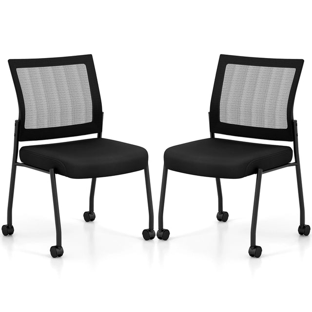 Stackable Armless Waiting Room Guest Chair with Wheels Set of 2-Black