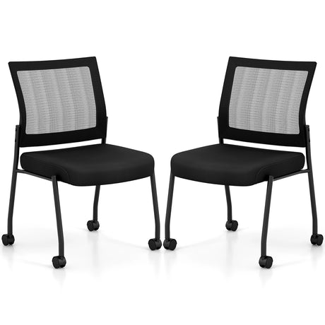 Stackable Armless Waiting Room Guest Chair with Wheels Set of 2-Black