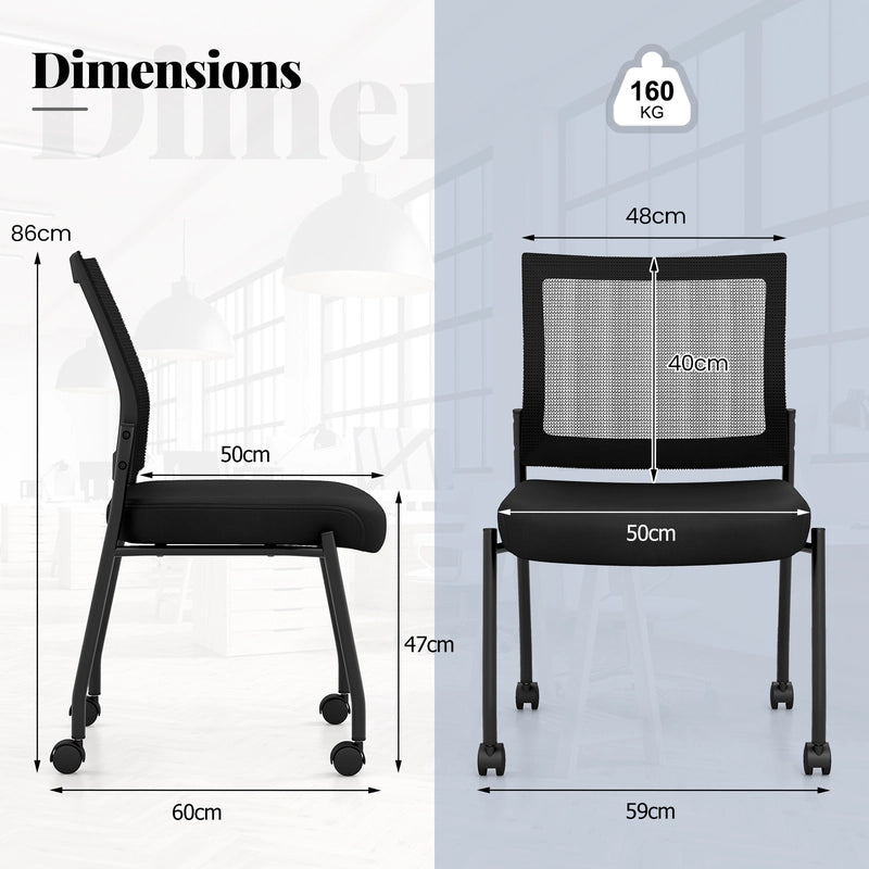 Stackable Armless Waiting Room Guest Chair with Wheels Set of 2-Black