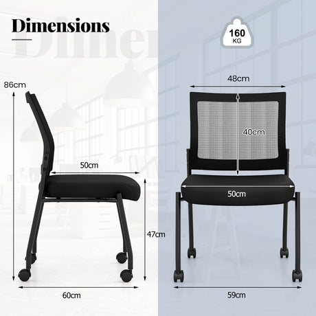 Stackable Armless Waiting Room Guest Chair with Wheels Set of 2-Black