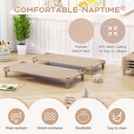 Kids Stackable Daycare Cot Pack of 6 with Detachable Oxford Cloth-Beige